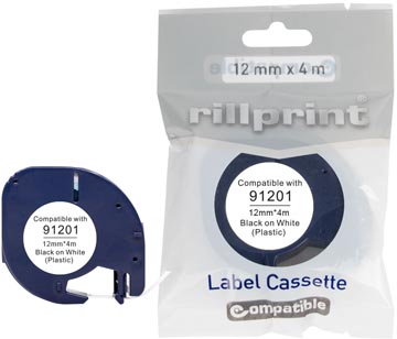 Rillprint ruban LetraTAG comaptible pour Dymo 91201, 12 mm, plastique, blanc