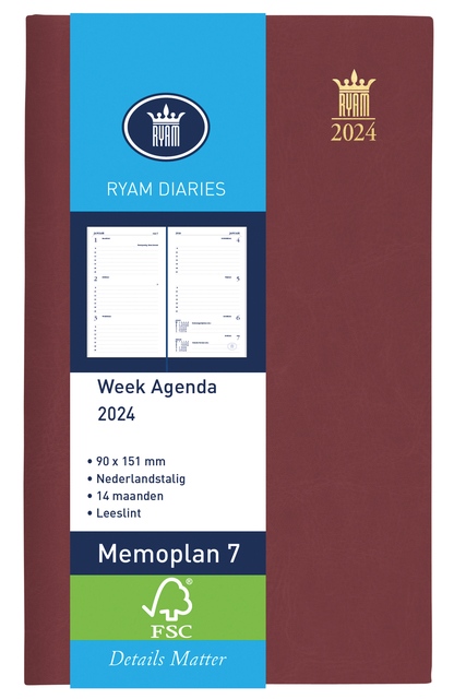Agenda 2024 Ryam Memoplan 7 Suprema 7dagen/2pagina's bordeaux
