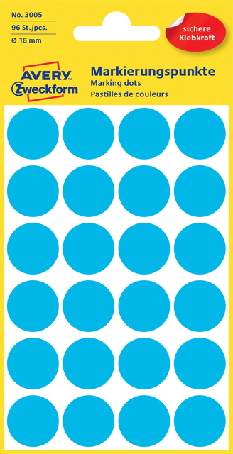Etiket Avery Zweckform 3005 rond 18mm blauw 96stuks