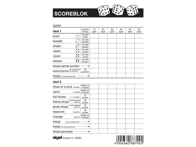 Scoreblok Sigel voor yahtzee 105x148mm 100 blad