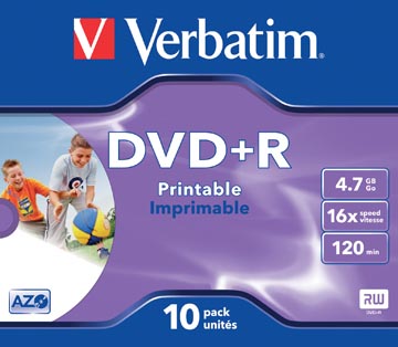 Verbatim DVD recordable DVD+R, printbaar, doos van 10 stuks, individueel verpakt (Jewel Case)