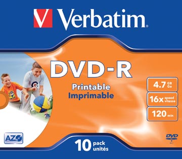 Verbatim DVD recordable DVD-R, printbaar, doos van 10 stuks, individueel verpakt (Jewel Case)