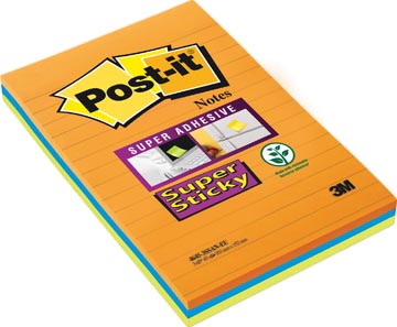Post-It Super Sticky Notes, 45 blaadjes, ft 102 x 152 mm, geassorteerde kleuren, pak van 3