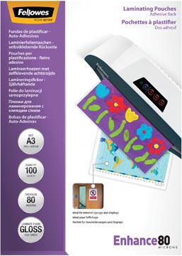 Fellowes pochette à plastifier Enhance80 auto-adhésif ft A3, 160 microns (2 x 80 microns), paquet de 100